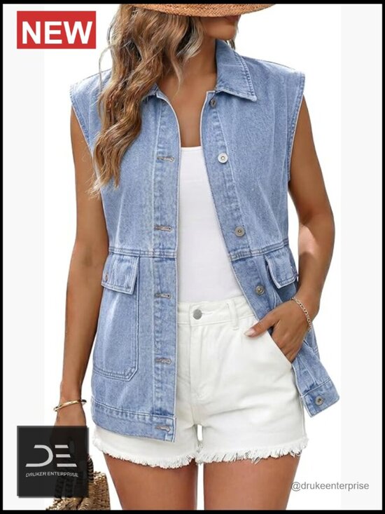 Jackets & Blazers - Sleeveless Denim Vest with Pockets Casual Layering Jacket